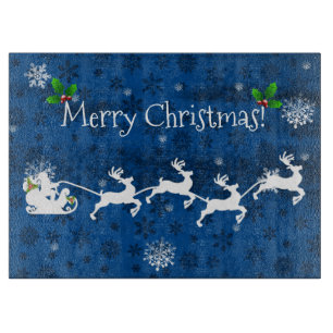 Blue Santa's Sleigh and Reindeer Cutting Board