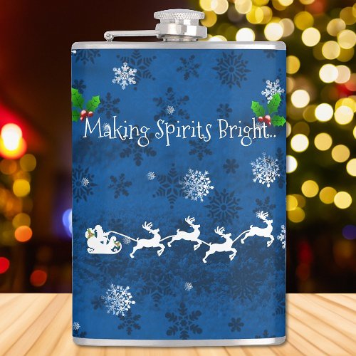 Blue Santas Sleigh and Reindeer Flask