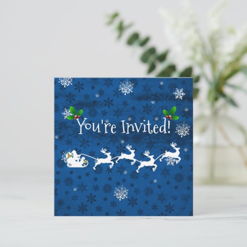 Blue Santas Sleigh and Reindeer Invitation