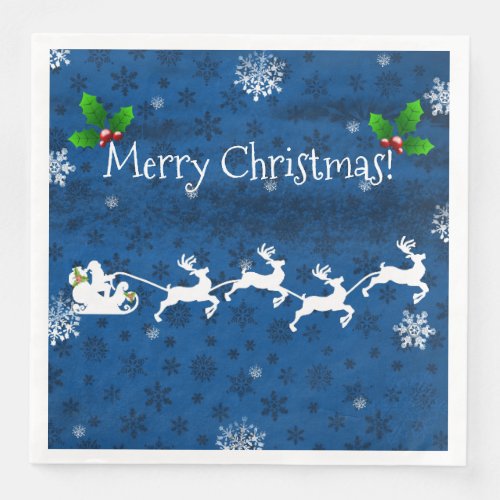 Blue Santas Sleigh and Reindeer Paper Napkin