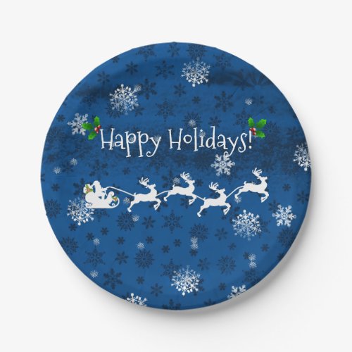 Blue Santas Sleigh and Reindeer Paper Plate