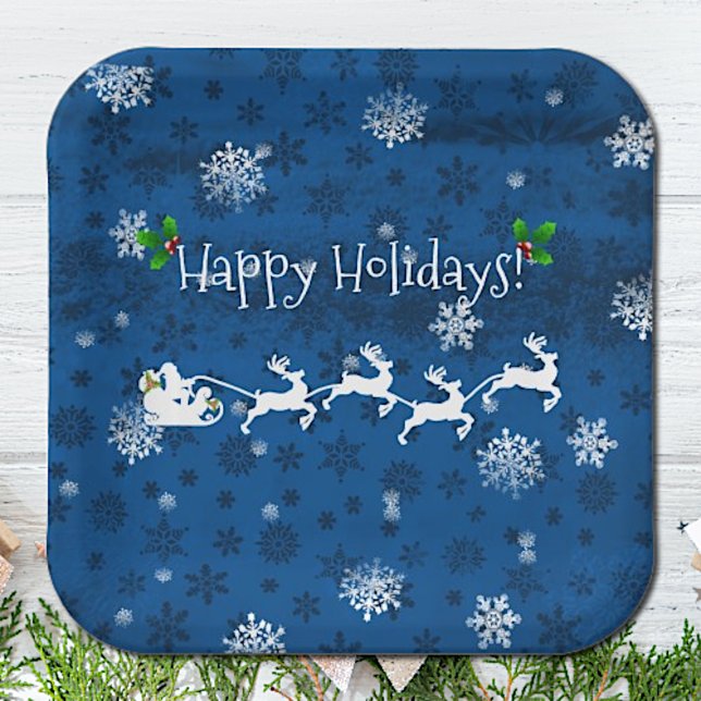 Blue Santa's Sleigh and Reindeer Paper Plate (Blue Santas Sleigh and Reindeer Christmas Paper Plates)