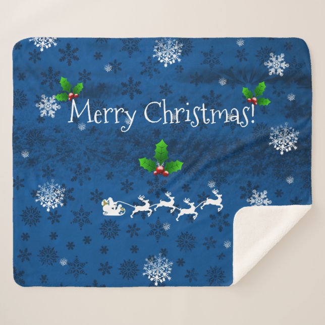 Blue Santa's Sleigh and Reindeer Sherpa Blanket (Front (Horizontal))