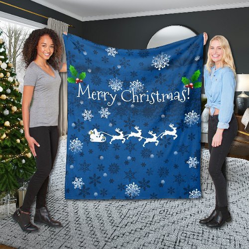 Blue Santas Sleigh and Reindeer Throw Blanket