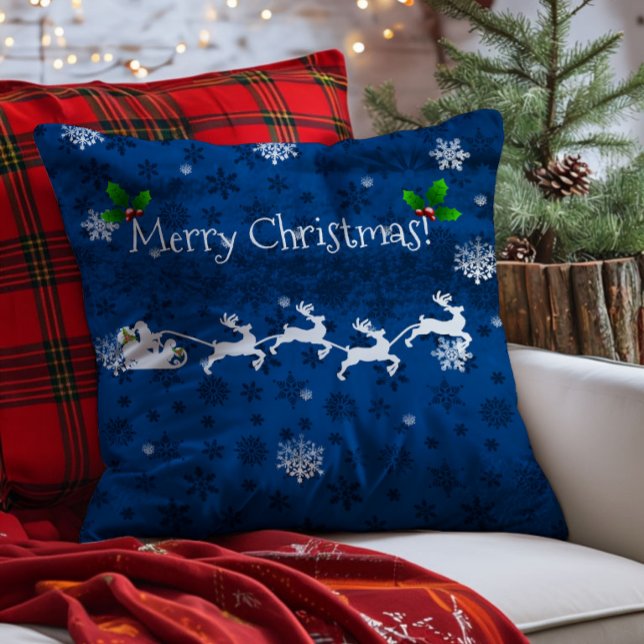 Blue Santa's Sleigh and Reindeer Throw Pillow (Blue Santa's Sleigh and Reindeer Throw Pillow)