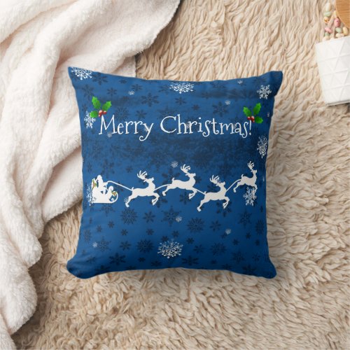 Blue Santas Sleigh and Reindeer Throw Pillow