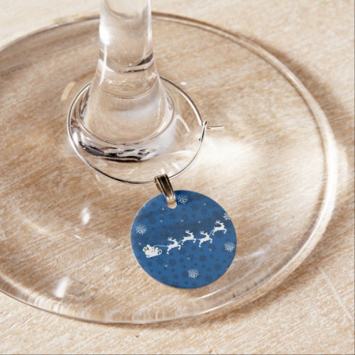 Blue Santas Sleigh and Reindeer Wine Charm