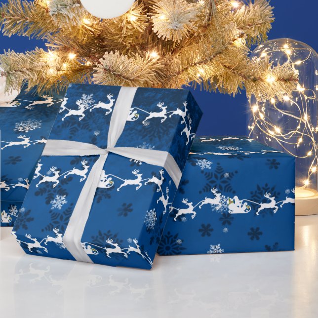 Blue Santa's Sleigh and Reindeer Wrapping Paper (Holidays)