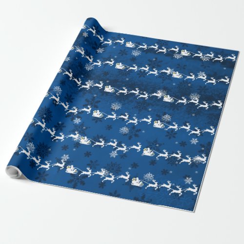 Blue Santas Sleigh and Reindeer Wrapping Paper