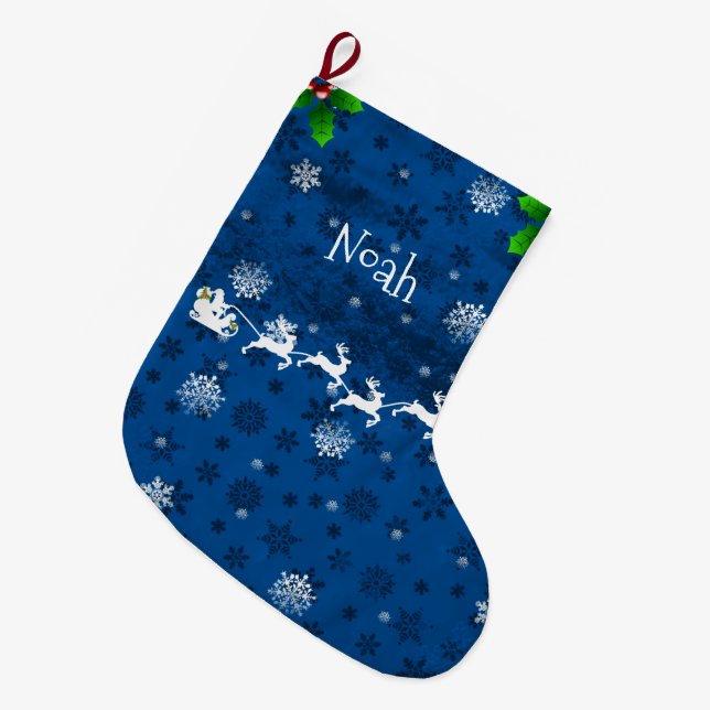 Blue Santa's Sleigh & Reindeer Christmas Stocking (Front (Hanging))