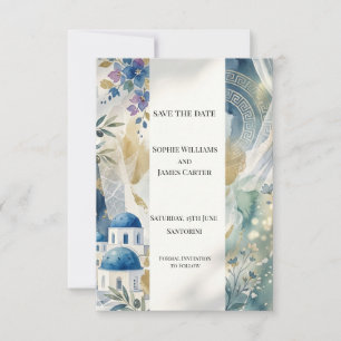 Blue Santorini Floral Save The Date Card