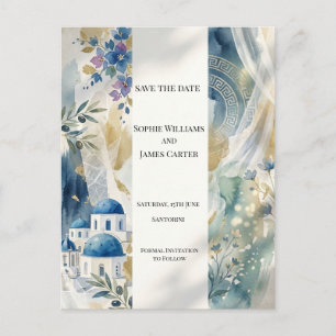 Blue Santorini Floral Save The Date Postcard