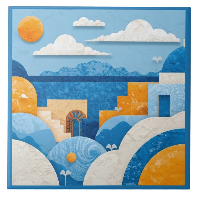 Blue Santorini Mediterranean Azulejo Ceramic Tile (Front)