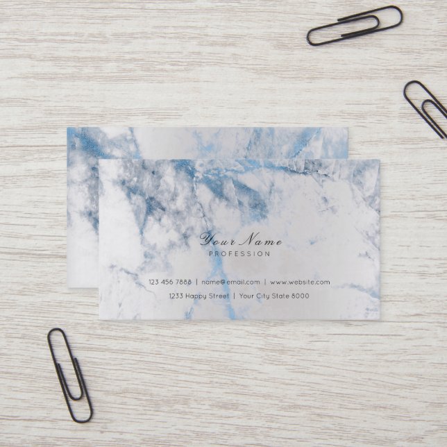 Blue Saphire Silver Metallic Marble Gray Business Card (Front/Back In Situ)