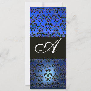 BLUE SAPPHIRE AND BLACK  DAMASK MONOGRAM , white Invitation