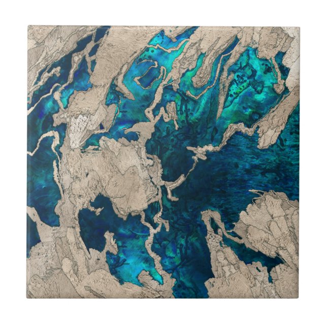Blue Sapphire and Cement Mixed media abstract Ceramic Tile (Front)
