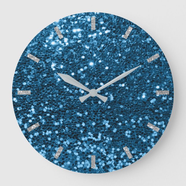 Blue Sapphire Aqua Sparkly Faux Glitter Gray Glam Large Clock (Front)