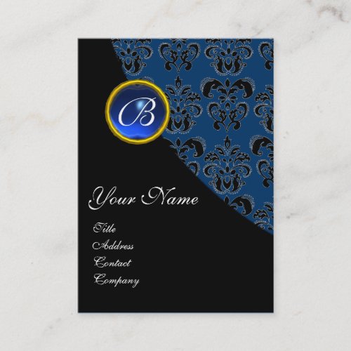 BLUE SAPPHIRE BLACK DAMASK MONOGRAM BUSINESS CARD