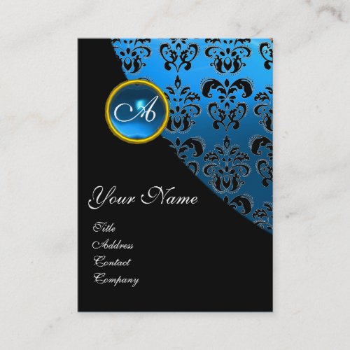 BLUE SAPPHIRE BLACK DAMASK MONOGRAM BUSINESS CARD