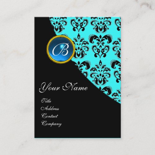 BLUE SAPPHIRE DAMASK MONOGRAM turquase Business Card