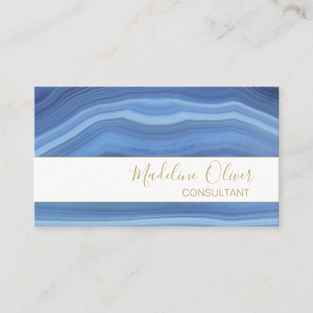 Blue Sapphire Elegant Agate Modern Typography Business Card (Front)