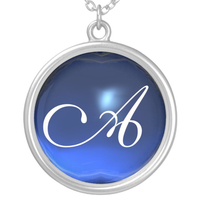 Blue Sapphire Gem  Monogram Silver Plated Necklace (Front)