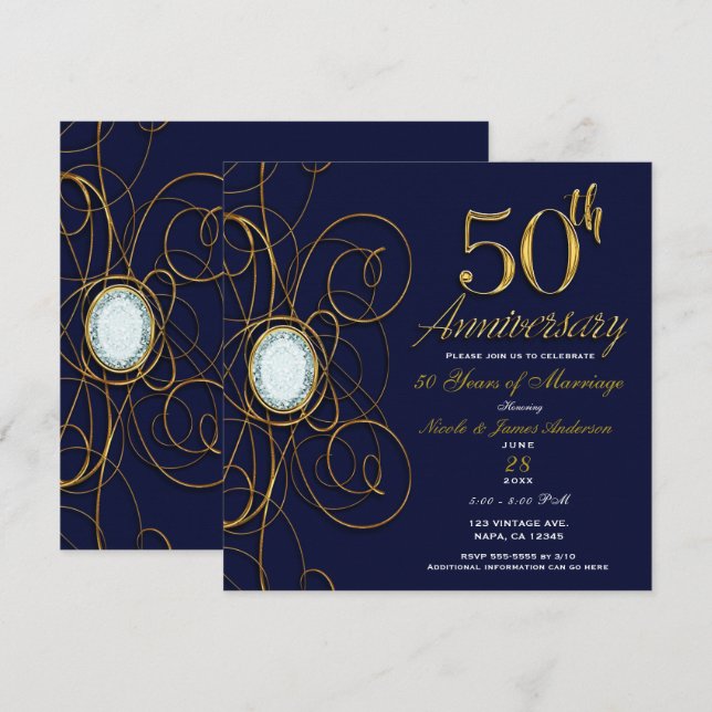 Blue Sapphire & Gold Diamond 50 50th Anniversary Invitation (Front/Back)