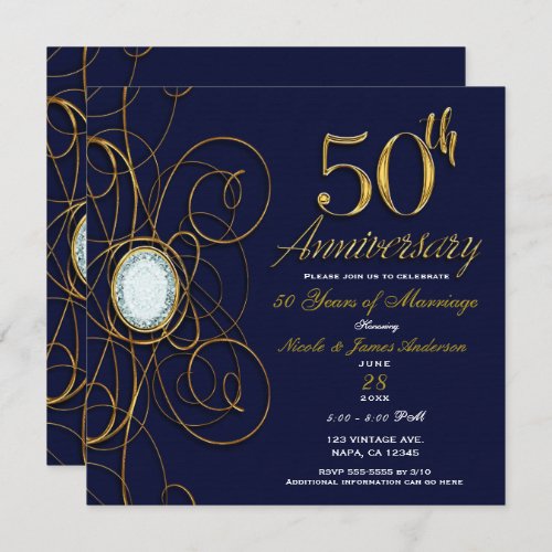 Blue Sapphire  Gold Diamond 50 50th Anniversary Invitation