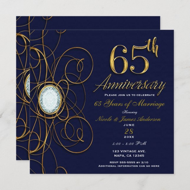 Blue Sapphire & Gold Diamond 65 65th Anniversary Invitation (Front/Back)