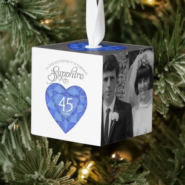 Blue sapphire heart art 45th Anniversary photo Cube Ornament (Tree)