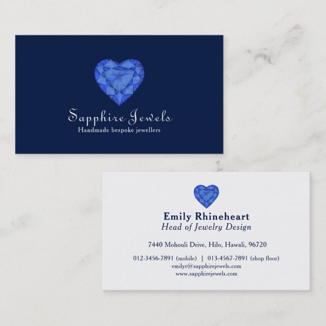 Blue sapphire heart jewel jewelry business card (Front/Back)