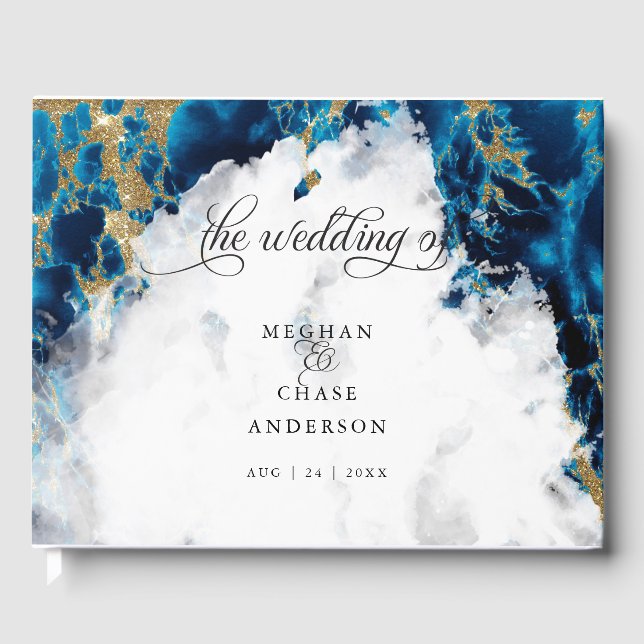 Blue Sapphire Marbled Watercolor  BarefootBride™ Guest Book (Front)