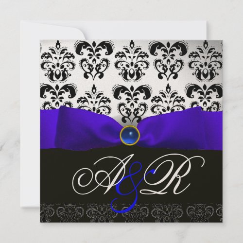 BLUE SAPPHIRE RIBBON WHITE BLACK  DAMASK MONOGRAM INVITATION