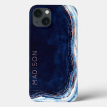Blue Sapphire & Rose Gold Geode Agate Personalized iPhone 13 Case