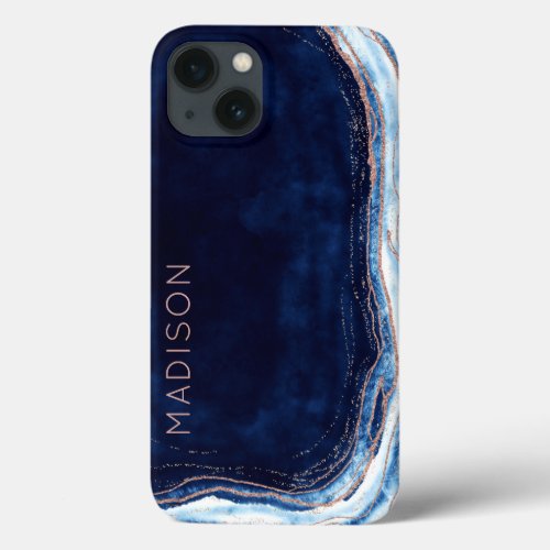 Blue Sapphire  Rose Gold Geode Agate Personalized iPhone 13 Case