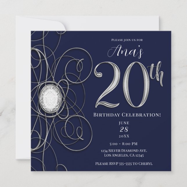 Blue Sapphire & Silver Diamond 20 20th Birthday Invitation (Front)