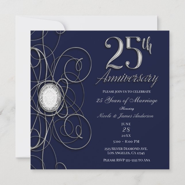 Blue Sapphire & Silver Diamond 25 25th Anniversary Invitation (Front)
