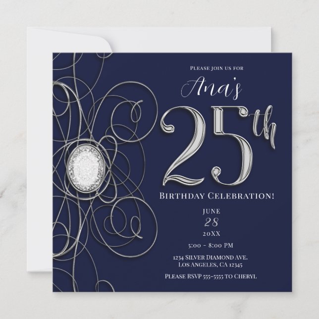 Blue Sapphire & Silver Diamond 25 25th Birthday Invitation (Front)