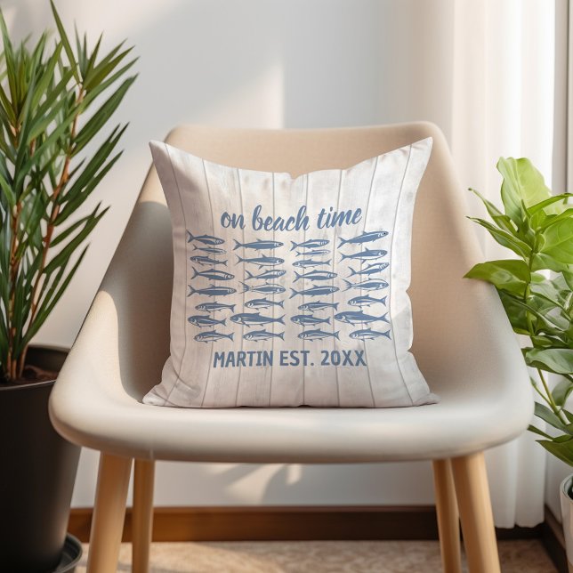 Blue Sardines Beach Time Family Name Throw Pillow (Customizable sardine "On beach time" pillow. Personalized with your family name and established date)