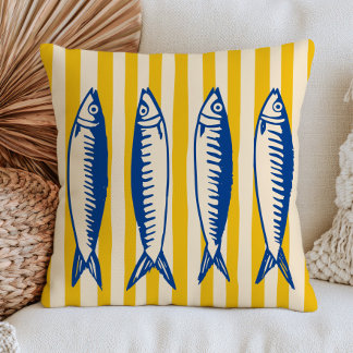Blue Sardines on Yellow Stripes Modern Nautical Throw Pillow