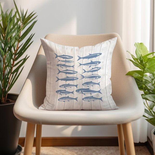 Blue Sardines Sea Life Ocean Nautical White Wood  Throw Pillow (Blue sardine pattern pillow)