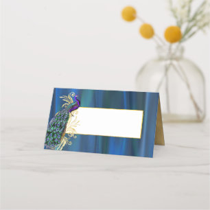 Blue Satin and Peacock Wedding Folded Place Card