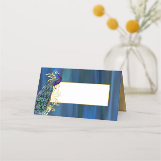 Blue Satin and Peacock Wedding Folded Place Card