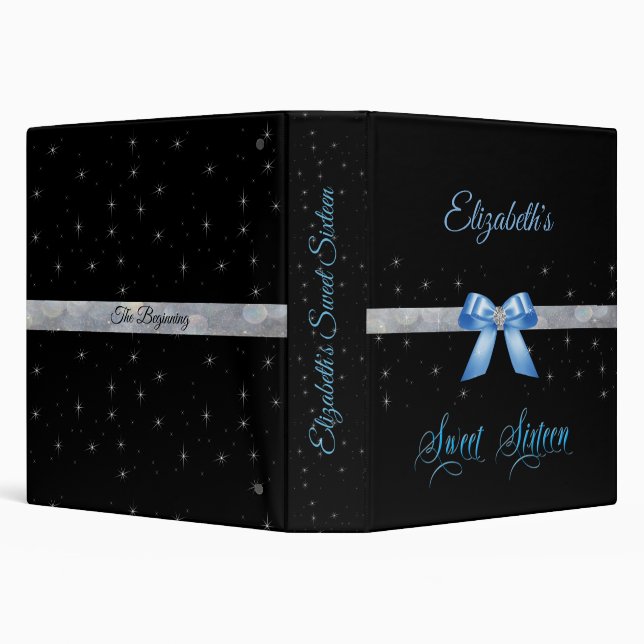  Blue Satin Bow Diamond Stars Sweet 16 3 Ring Binder (Background)