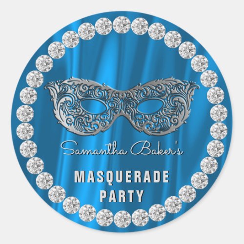 Blue Satin Diamonds Masquerade Party Glam Birthday Classic Round Sticker