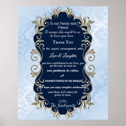  Blue Satin Gold Metallic Frame Wedding Greeting Poster