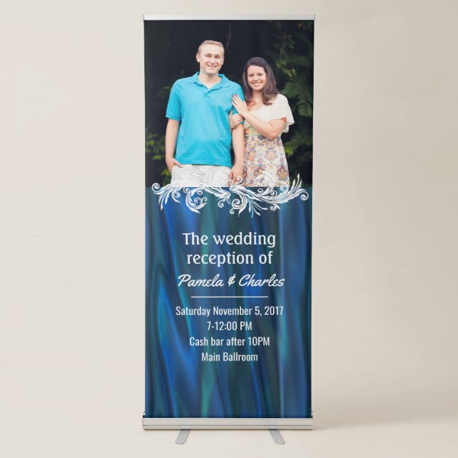 Blue Satin Look Wedding Photo Retractable Banner (Front)
