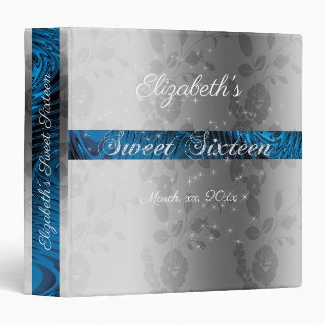 Blue Satin Ribbon Glitter Sweet Sixteen Album 3 Ring Binder (Front/Spine)