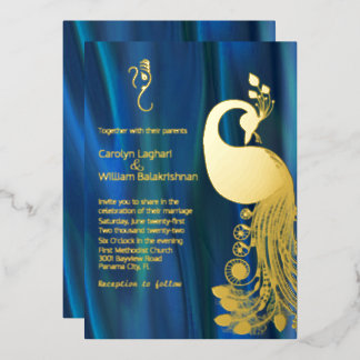 Blue Satin with Gold Peacock and Ganesha Wedding  Foil Invitation