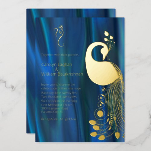 Blue Satin with Gold Peacock and Ganesha Wedding  Foil Invitation